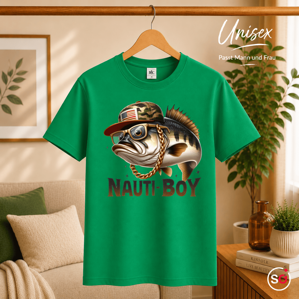 Nauti-Boy T-Shirt | Cooler Barsch mit Goldkette & Camo-Cap für Angler und Fisch-Fans - StyleOne