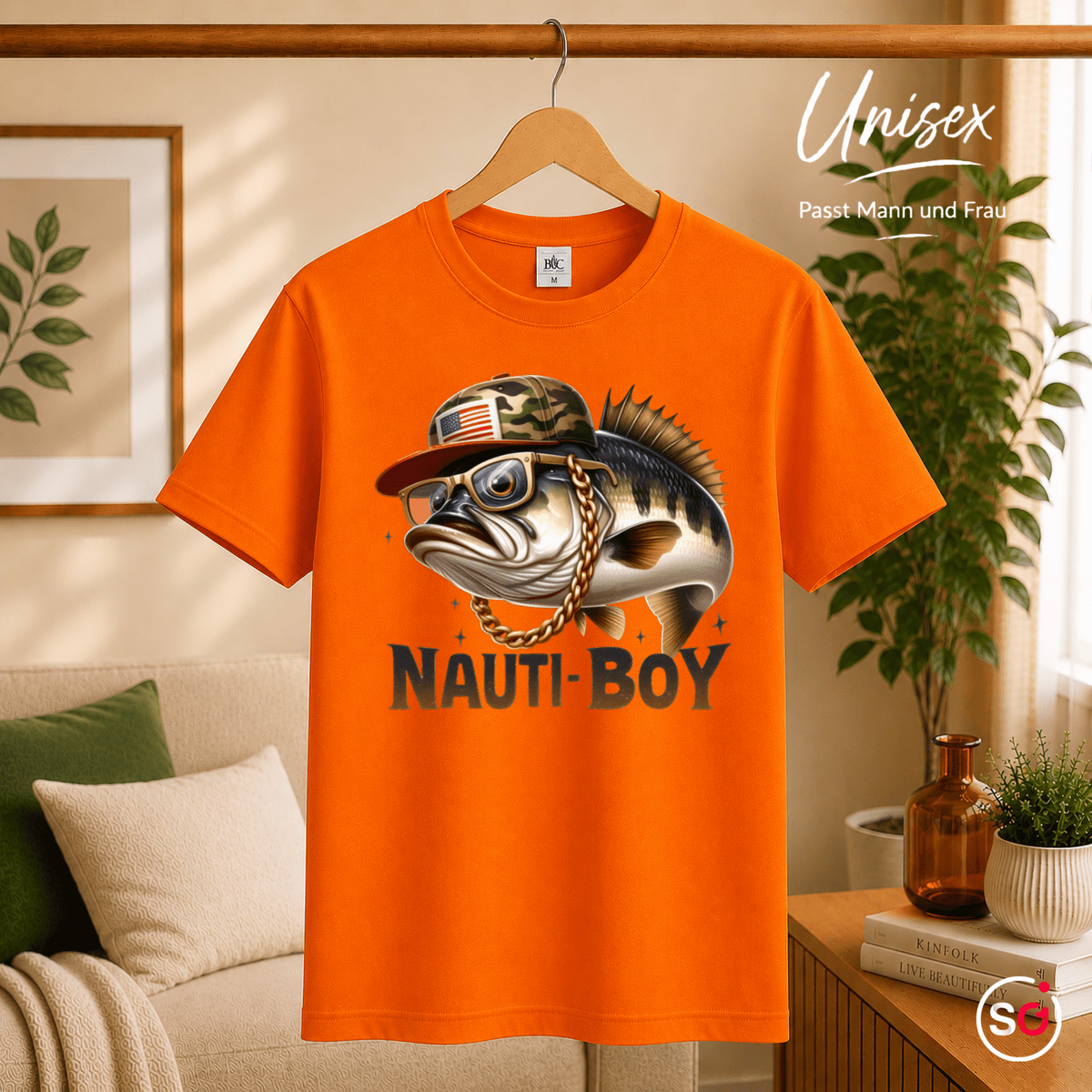 Nauti-Boy T-Shirt | Cooler Barsch mit Goldkette & Camo-Cap für Angler und Fisch-Fans - StyleOne