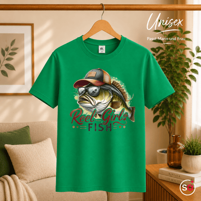 Reel Girls Fish T-Shirt | Witziges Barsch-Motiv mit Cap & Sonnenbrille für Anglerinnen - StyleOne