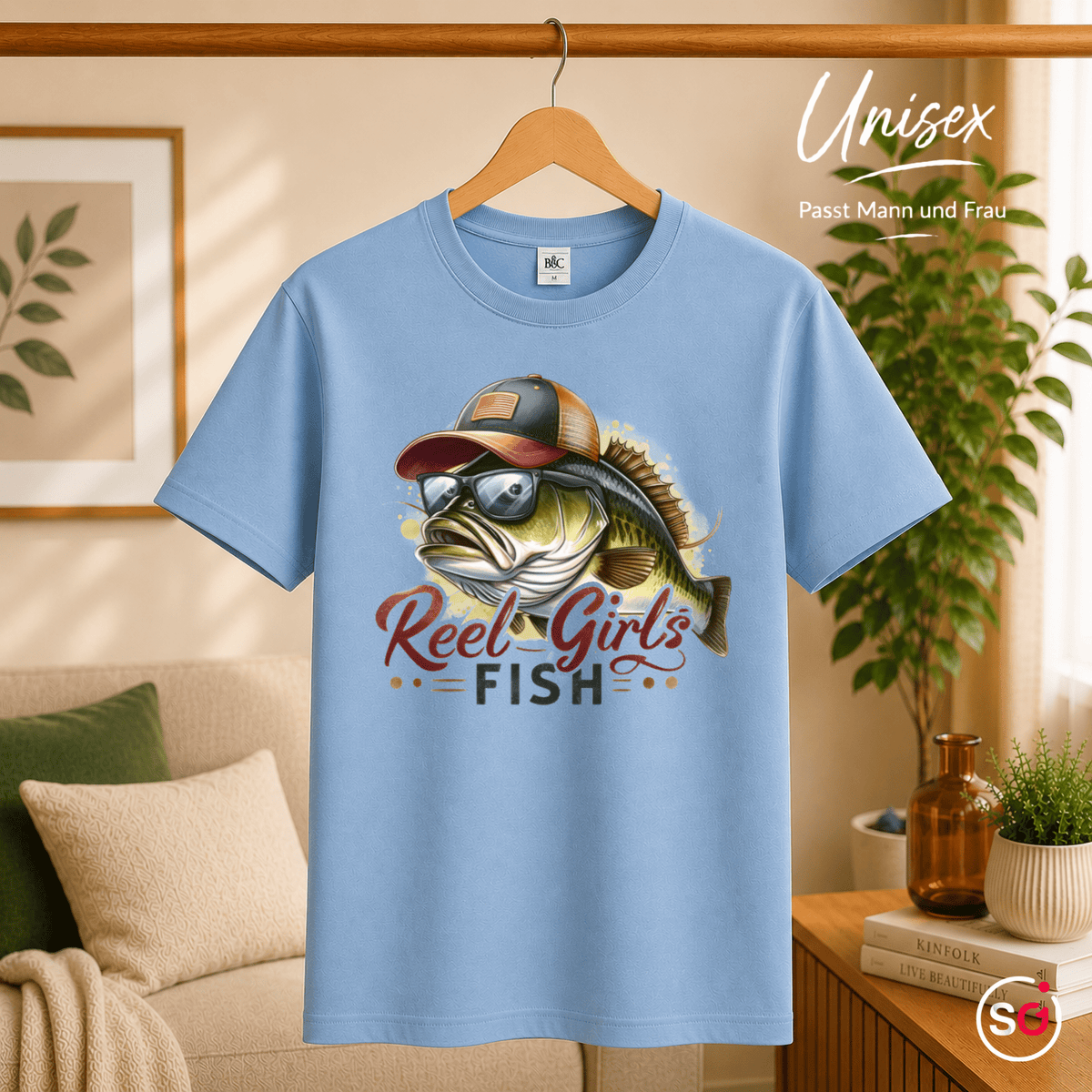 Reel Girls Fish T-Shirt | Witziges Barsch-Motiv mit Cap & Sonnenbrille für Anglerinnen - StyleOne