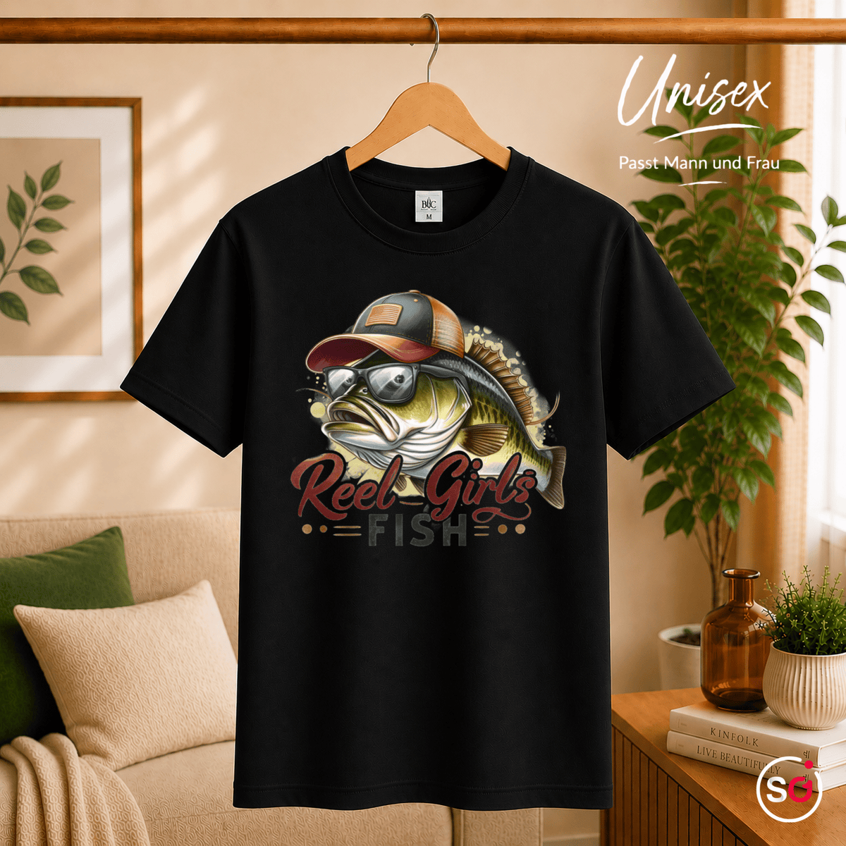 Reel Girls Fish T-Shirt | Witziges Barsch-Motiv mit Cap & Sonnenbrille für Anglerinnen - StyleOne