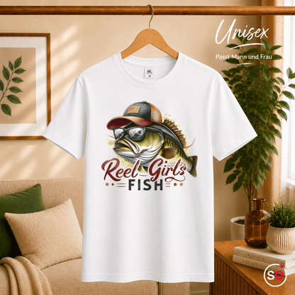 Reel Girls Fish T-Shirt | Witziges Barsch-Motiv mit Cap & Sonnenbrille für Anglerinnen - StyleOne