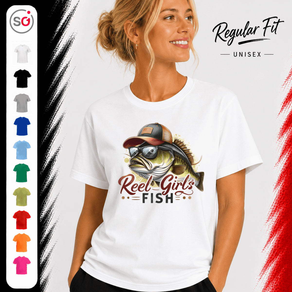 Reel Girls Fish T-Shirt | Witziges Barsch-Motiv mit Cap & Sonnenbrille für Anglerinnen - StyleOne
