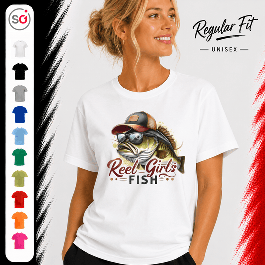 Reel Girls Fish T-Shirt | Witziges Barsch-Motiv mit Cap & Sonnenbrille für Anglerinnen - StyleOne