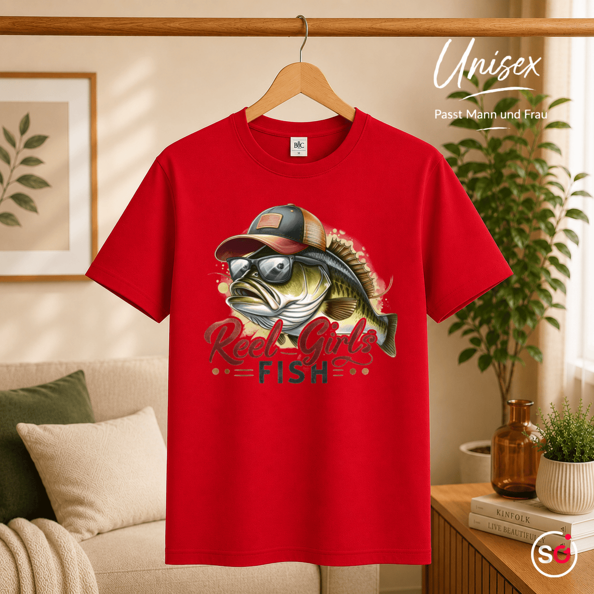 Reel Girls Fish T-Shirt | Witziges Barsch-Motiv mit Cap & Sonnenbrille für Anglerinnen - StyleOne