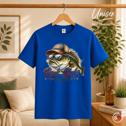 Reel Girls Fish T-Shirt | Witziges Barsch-Motiv mit Cap & Sonnenbrille für Anglerinnen - StyleOne