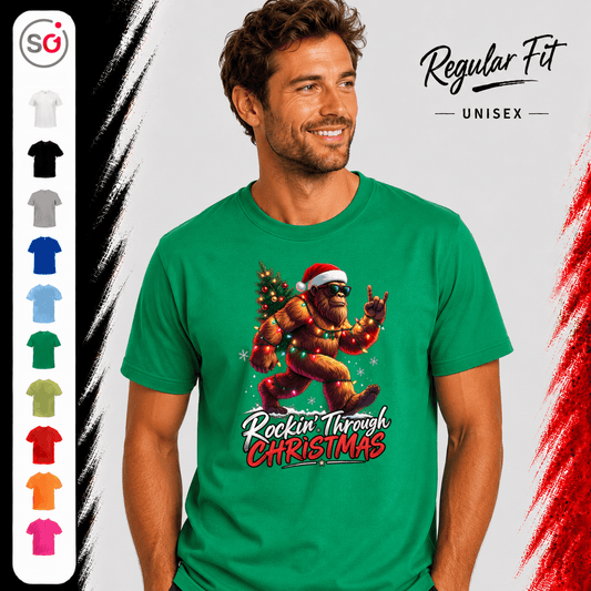 Rockin' Bigfoot Weihnachts-T-Shirt mit Lichterkette und Tannenbaum - StyleOne