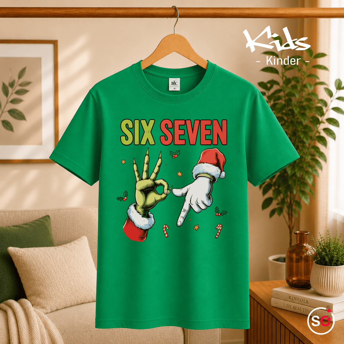 Six Seven Kinder T-Shirt | Lustiges Weihnachts-Motiv mit Grinch- & Santa-Händen - StyleOne