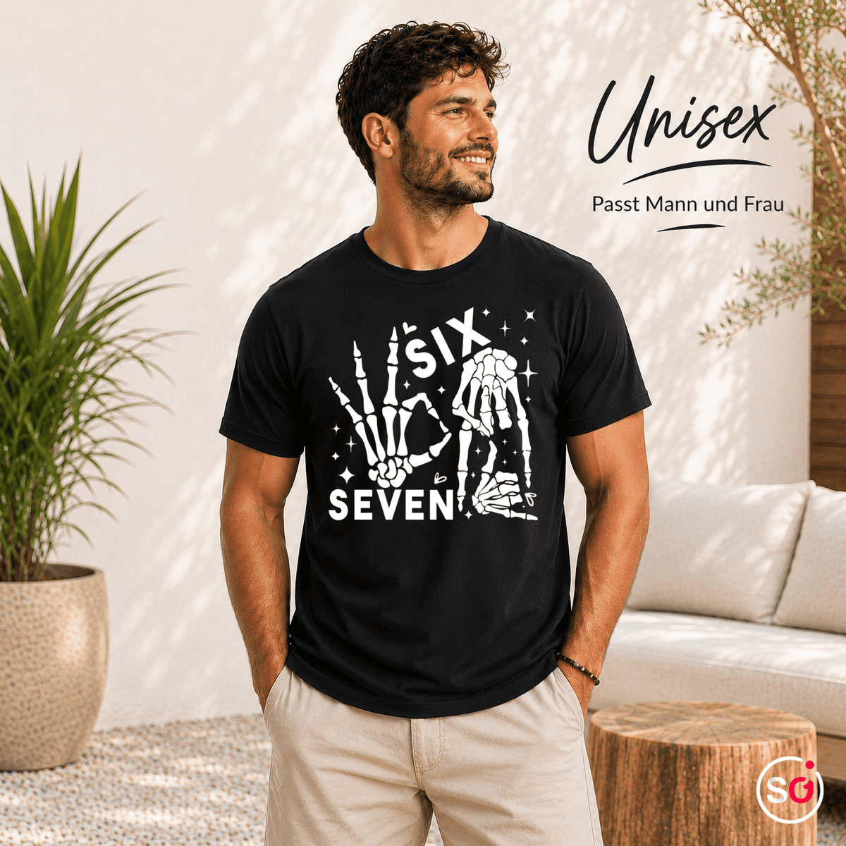 Skeletthände Six Seven T-Shirt mit I-Love-You Geste und Sternen - StyleOne
