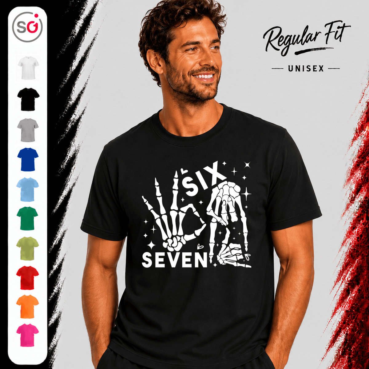 Skeletthände Six Seven T-Shirt mit I-Love-You Geste und Sternen - StyleOne