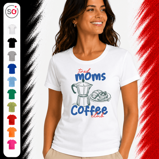 Statement-Shirt "Tired Moms Coffee Club" mit Kaffeekannen-Motiv und Croissant - StyleOne