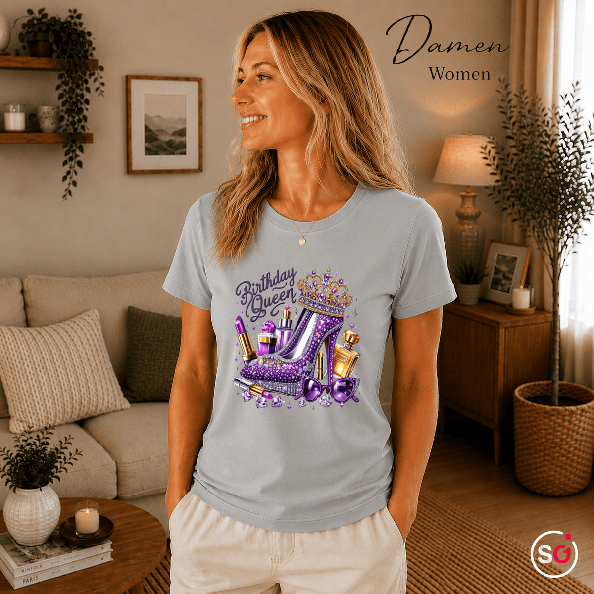 T-Shirt „Birthday Queen“ mit glamourösem High Heel, Krone & Make-up Design - StyleOne