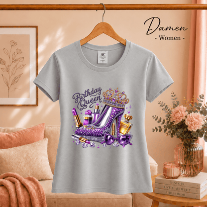 T-Shirt „Birthday Queen“ mit glamourösem High Heel, Krone & Make-up Design - StyleOne
