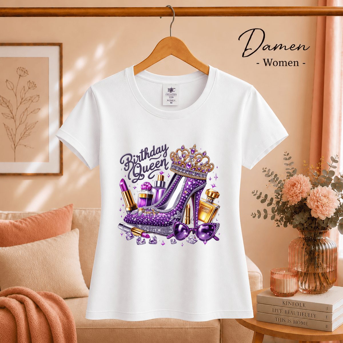 T-Shirt „Birthday Queen“ mit glamourösem High Heel, Krone & Make-up Design - StyleOne