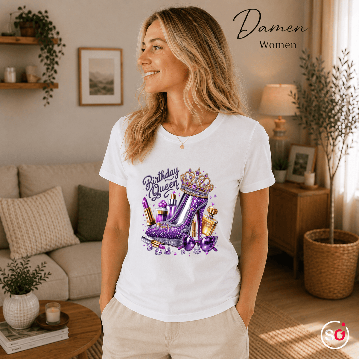T-Shirt „Birthday Queen“ mit glamourösem High Heel, Krone & Make-up Design - StyleOne