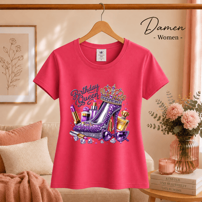 T-Shirt „Birthday Queen“ mit glamourösem High Heel, Krone & Make-up Design - StyleOne