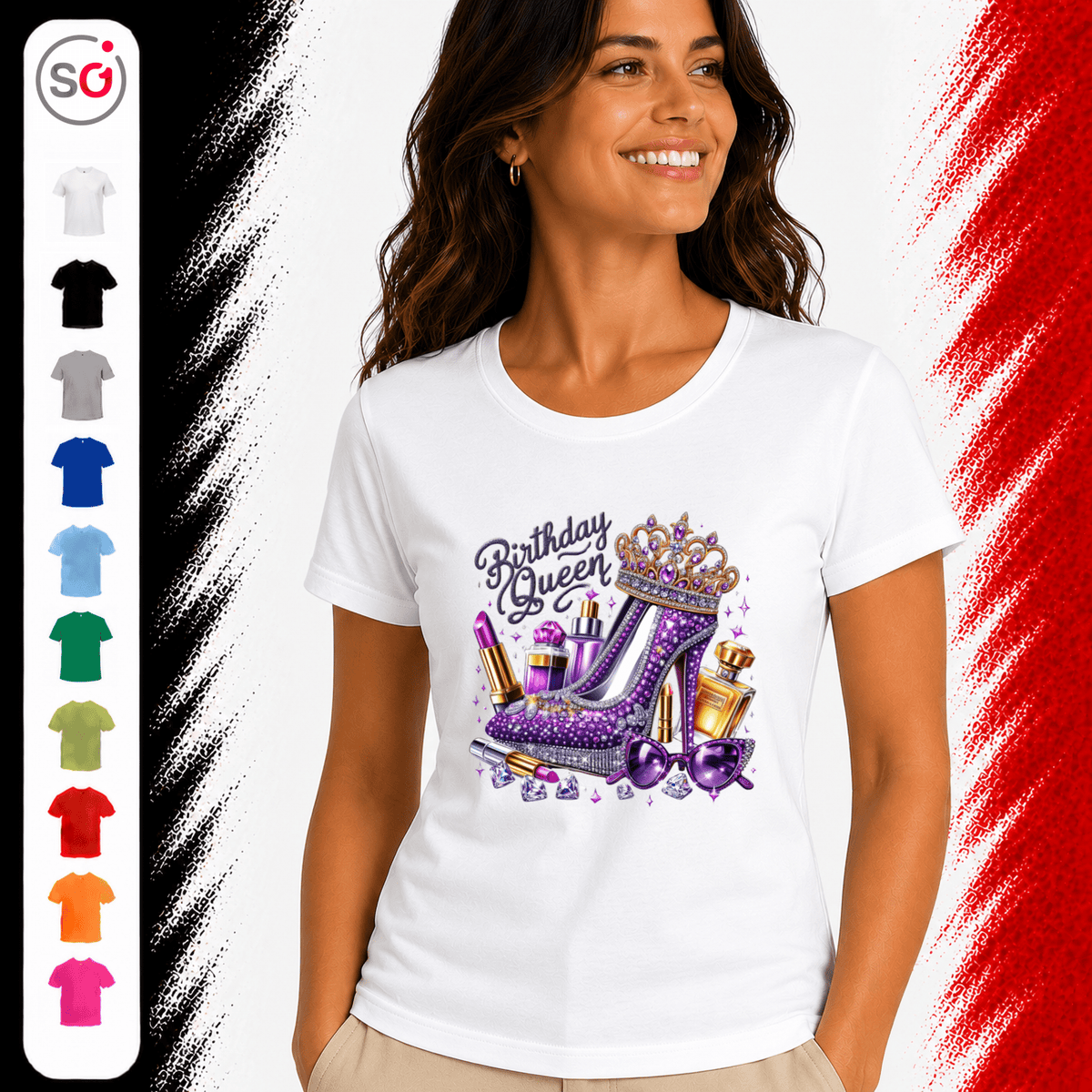 T-Shirt „Birthday Queen“ mit glamourösem High Heel, Krone & Make-up Design - StyleOne