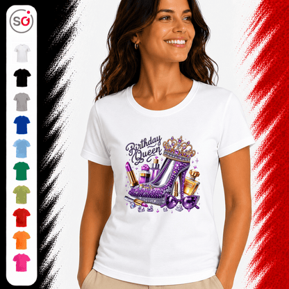 T-Shirt „Birthday Queen“ mit glamourösem High Heel, Krone & Make-up Design - StyleOne