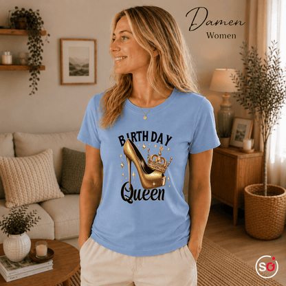 T-Shirt Birthday Queen mit goldenem High Heel und Krone - StyleOne