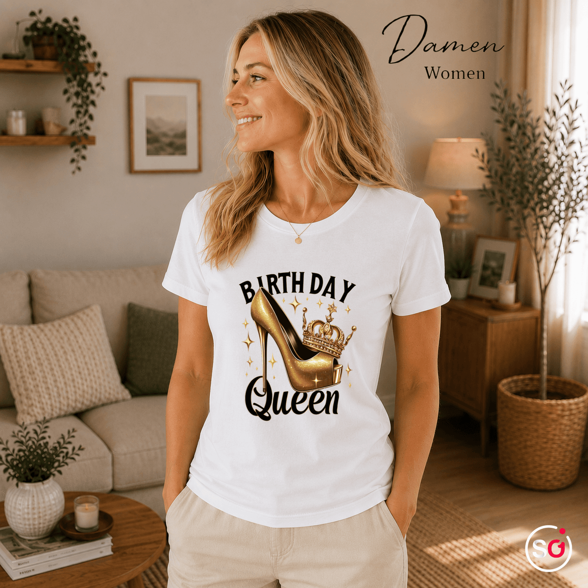 T-Shirt Birthday Queen mit goldenem High Heel und Krone - StyleOne