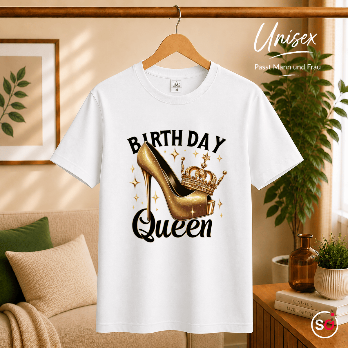 T-Shirt Birthday Queen mit goldenem High Heel und Krone - StyleOne