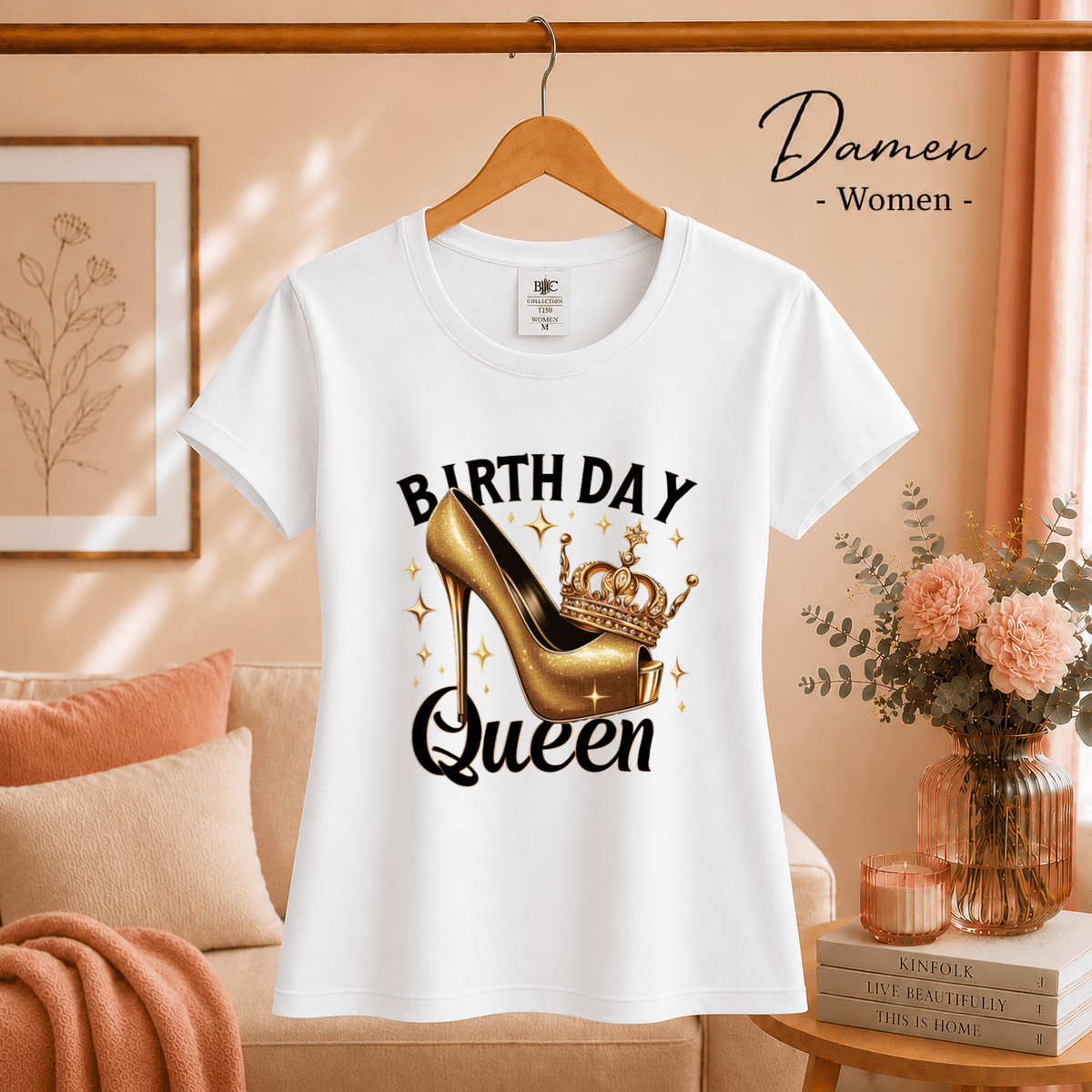 T-Shirt Birthday Queen mit goldenem High Heel und Krone - StyleOne