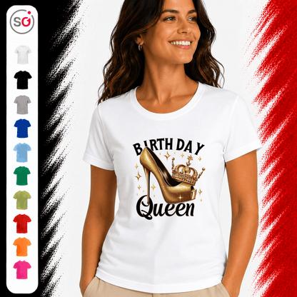 T-Shirt Birthday Queen mit goldenem High Heel und Krone - StyleOne