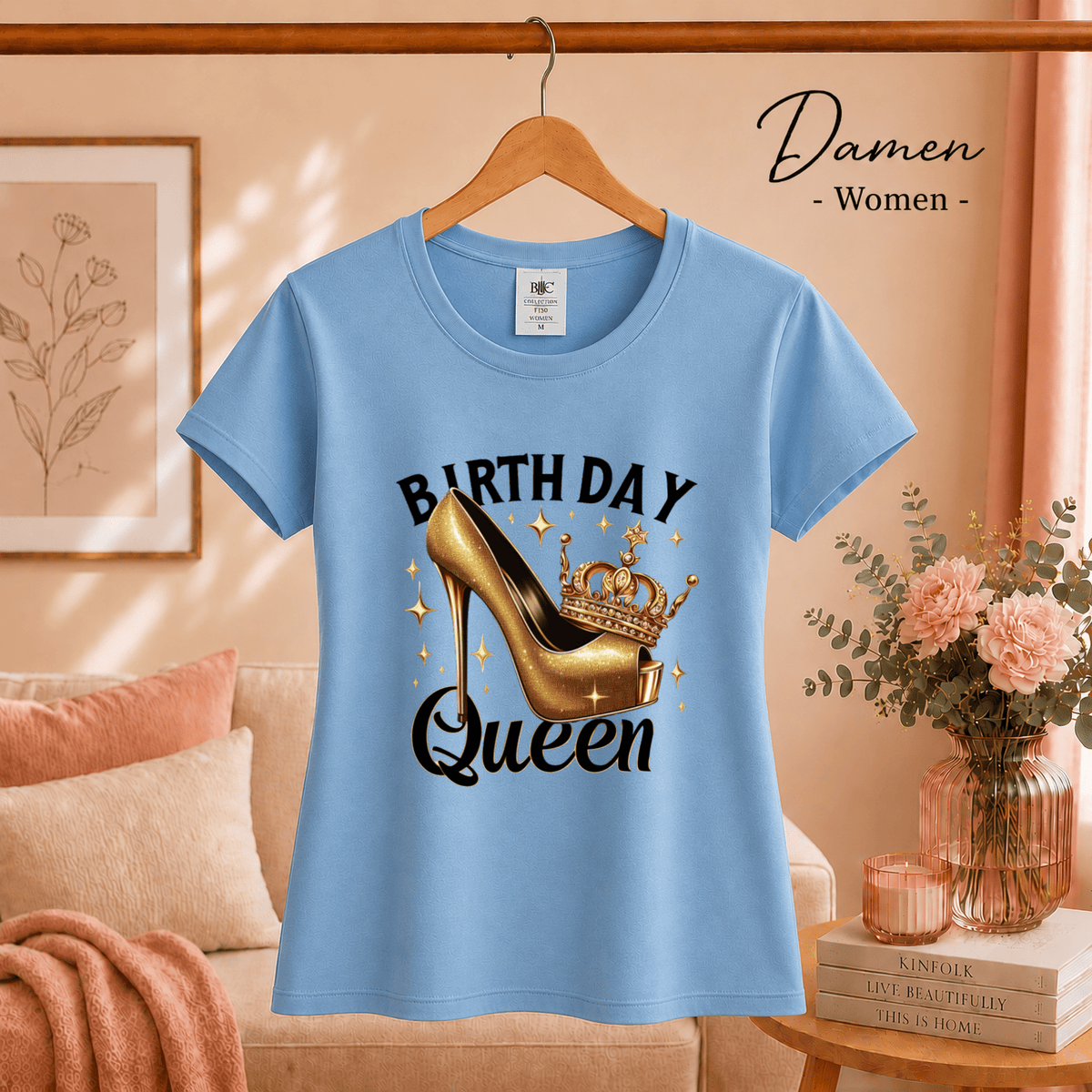 T-Shirt Birthday Queen mit goldenem High Heel und Krone - StyleOne