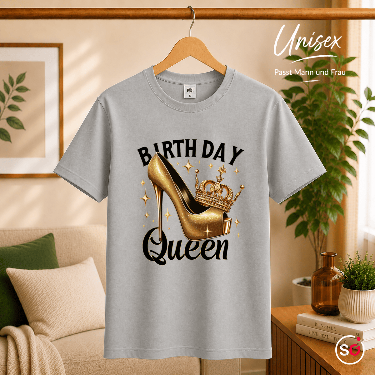 T-Shirt Birthday Queen mit goldenem High Heel und Krone - StyleOne
