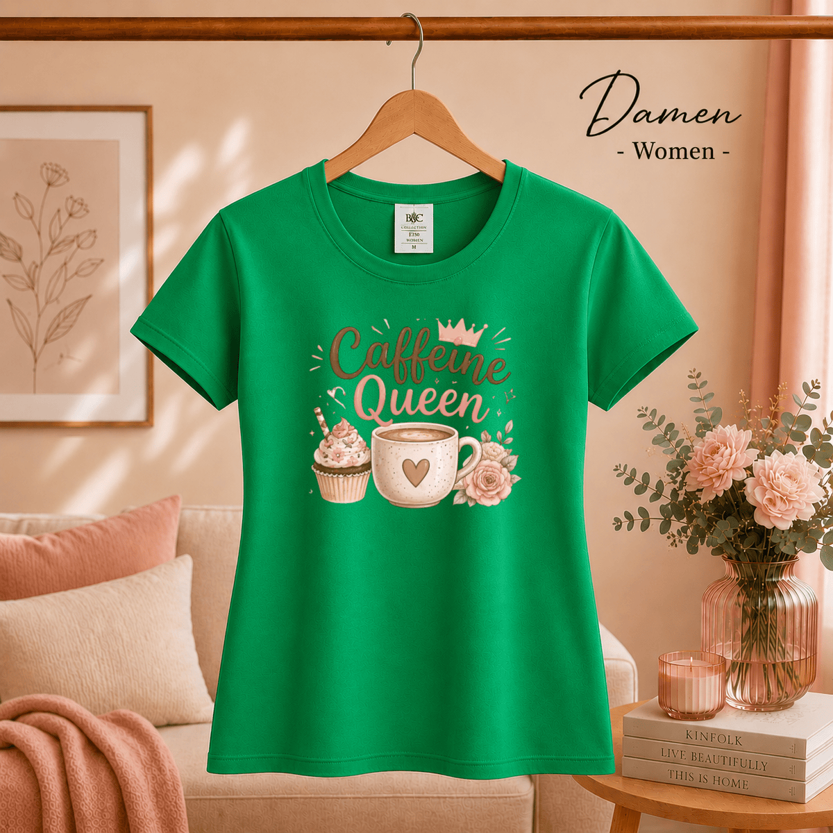 T-Shirt 'Caffeine Queen' | Süßes Design mit Kaffee, Cupcake und Rosen-Motiv - StyleOne
