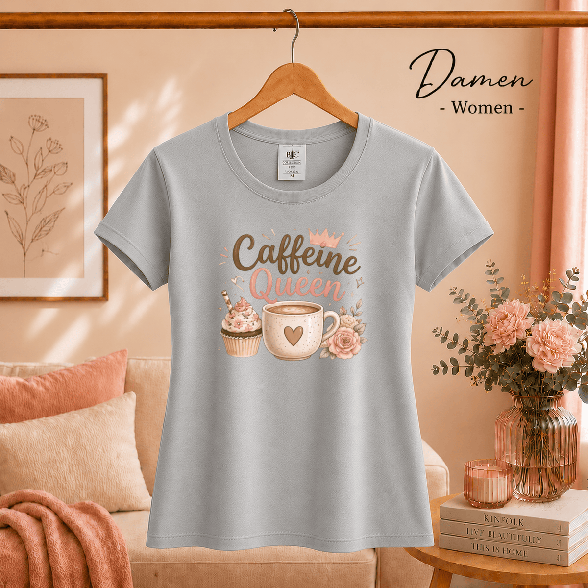 T-Shirt 'Caffeine Queen' | Süßes Design mit Kaffee, Cupcake und Rosen-Motiv - StyleOne
