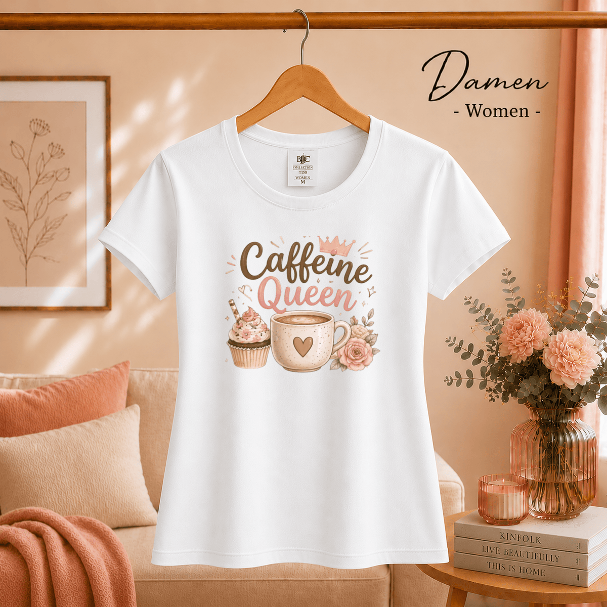 T-Shirt 'Caffeine Queen' | Süßes Design mit Kaffee, Cupcake und Rosen-Motiv - StyleOne