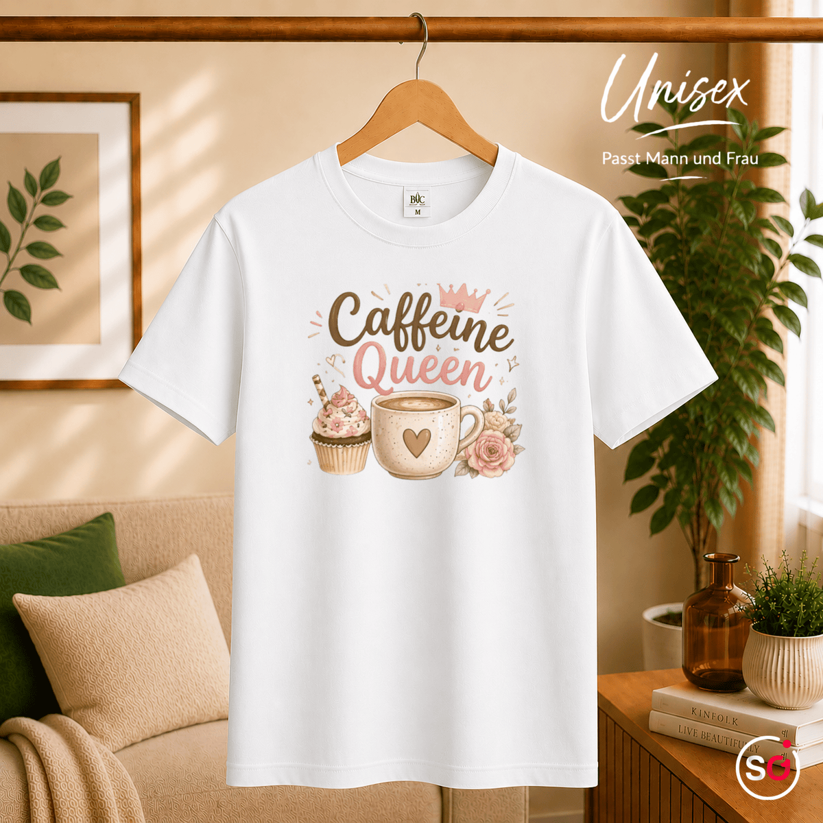T-Shirt 'Caffeine Queen' | Süßes Design mit Kaffee, Cupcake und Rosen-Motiv - StyleOne
