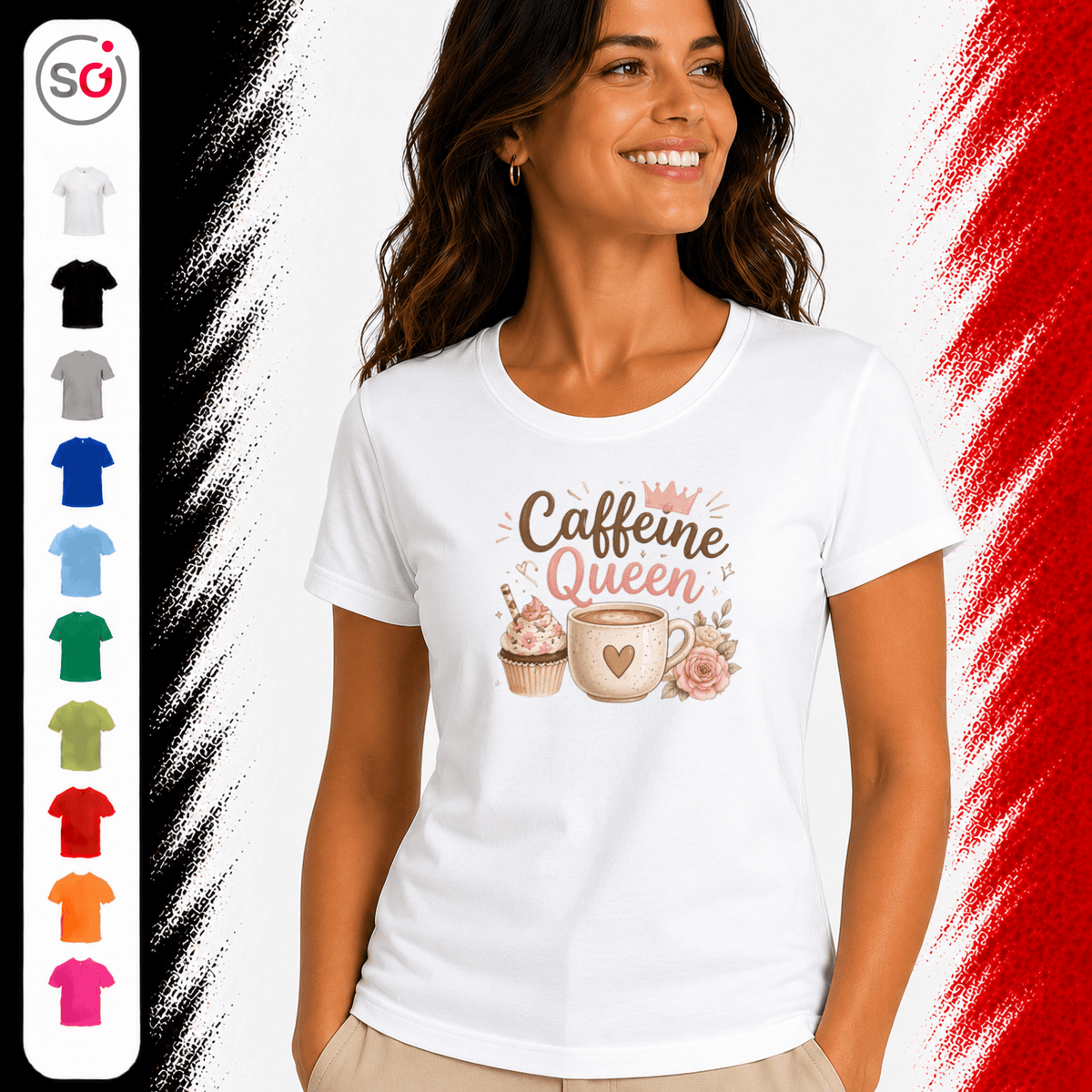 T-Shirt 'Caffeine Queen' | Süßes Design mit Kaffee, Cupcake und Rosen-Motiv - StyleOne