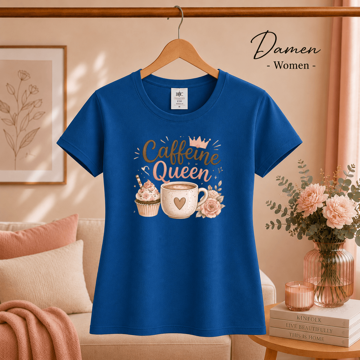 T-Shirt 'Caffeine Queen' | Süßes Design mit Kaffee, Cupcake und Rosen-Motiv - StyleOne