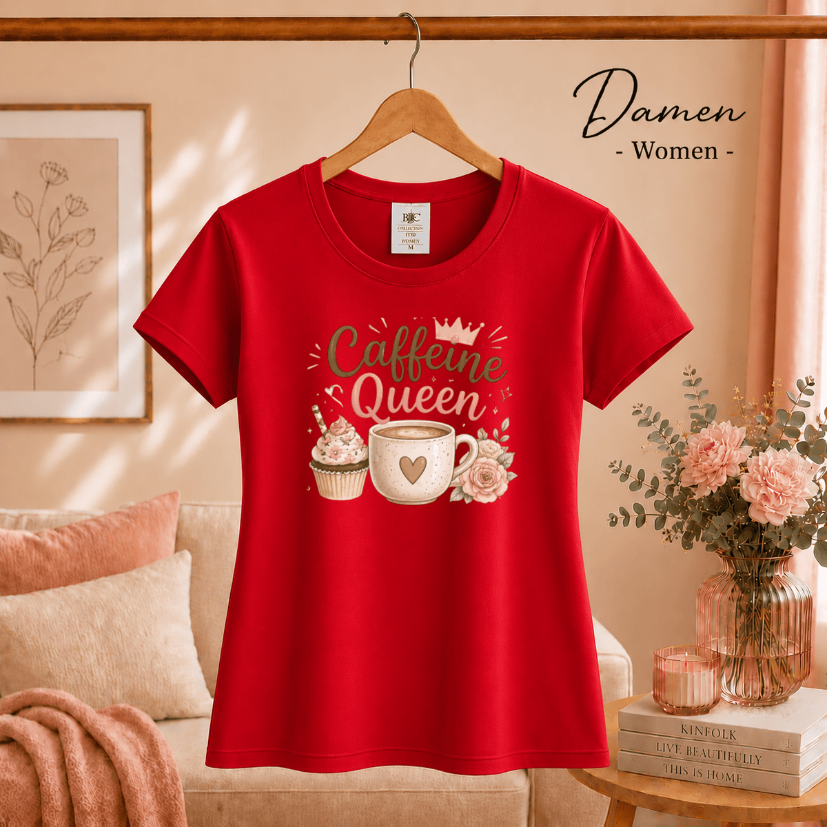 T-Shirt 'Caffeine Queen' | Süßes Design mit Kaffee, Cupcake und Rosen-Motiv - StyleOne