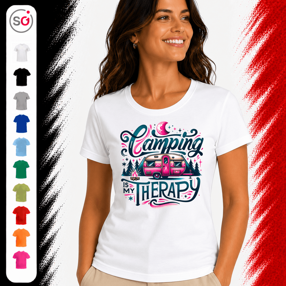 T-Shirt „Camping is my Therapy“ | Statement-Design mit Retro Wohnwagen & Lagerfeuer - StyleOne