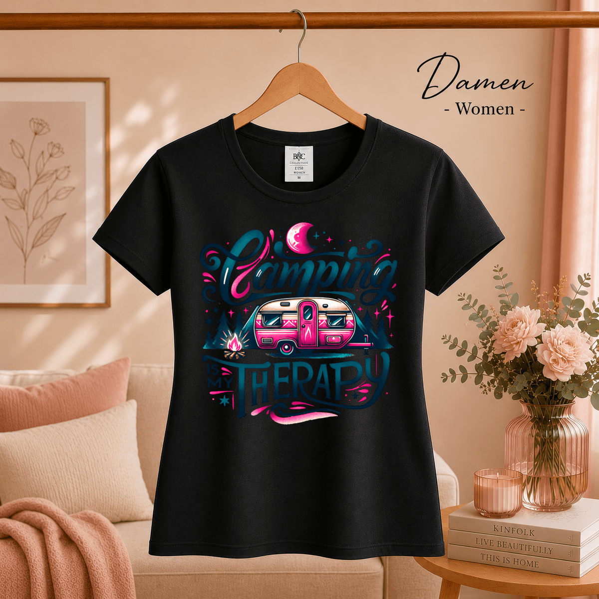 T-Shirt „Camping is my Therapy“ | Statement-Design mit Retro Wohnwagen & Lagerfeuer - StyleOne