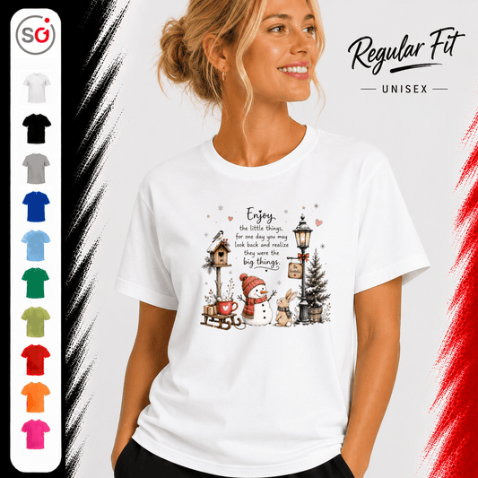 T-Shirt 'Enjoy the little things' mit Aquarell-Schneemann und Winter-Szene - StyleOne