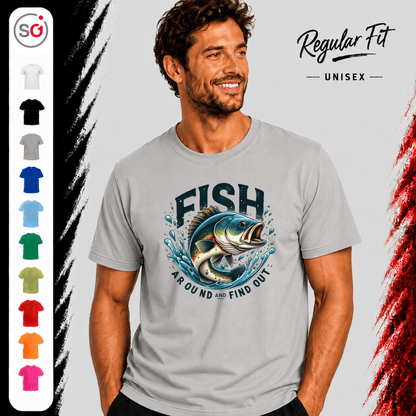 T-Shirt „Fish Around And Find Out“ | Dynamisches Angler-Design mit Barsch-Motiv - StyleOne