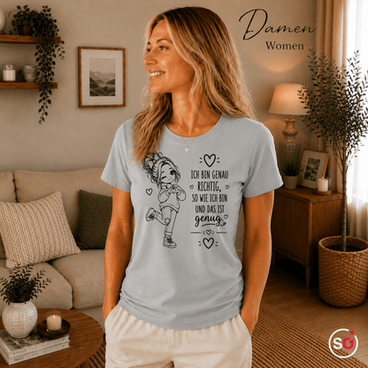 T-Shirt 'Ich bin genau richtig' mit süßer Comic-Mädchen Zeichnung für mehr Selbstliebe - StyleOne