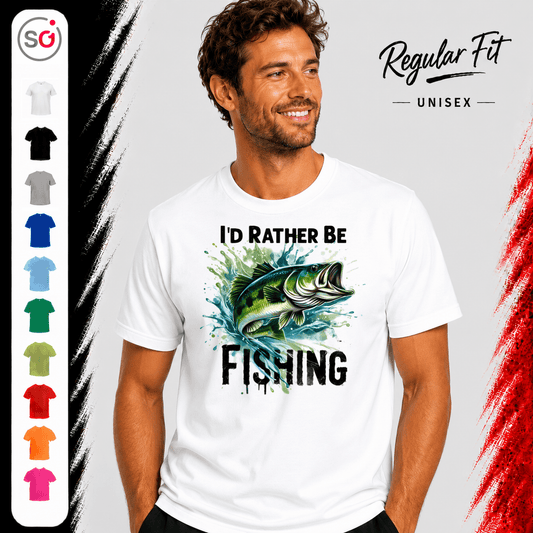 T-Shirt 'I'd Rather Be Fishing' mit dynamischem Barsch-Design im Wasser-Look - StyleOne
