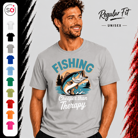 T-Shirt mit Angler-Spruch "Fishing Cheaper than Therapy" und coolem Barsch-Motiv im Retro-Look - StyleOne