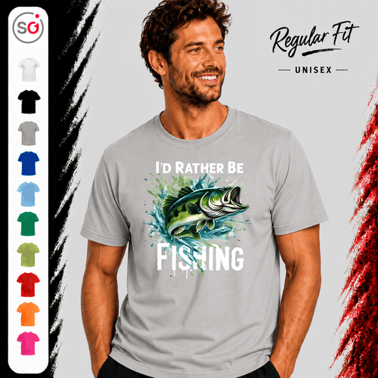 T-Shirt mit Barsch-Motiv & 'I'd Rather Be Fishing' Spruch | Dynamisches Angler-Design - StyleOne