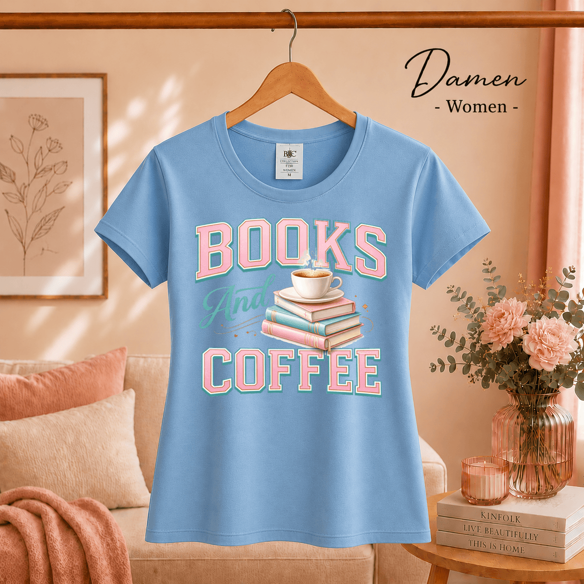 T-Shirt mit 'Books and Coffee' Motiv | Design mit Bücherstapel und Kaffeetasse in Pastell - StyleOne