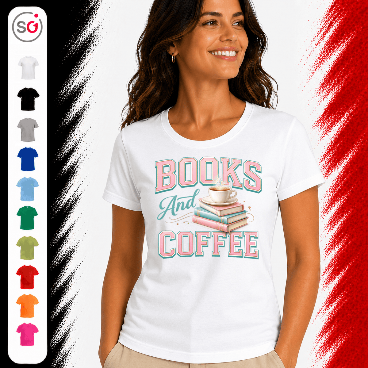 T-Shirt mit 'Books and Coffee' Motiv | Design mit Bücherstapel und Kaffeetasse in Pastell - StyleOne