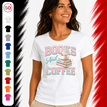T-Shirt mit 'Books and Coffee' Motiv | Design mit Bücherstapel und Kaffeetasse in Pastell - StyleOne