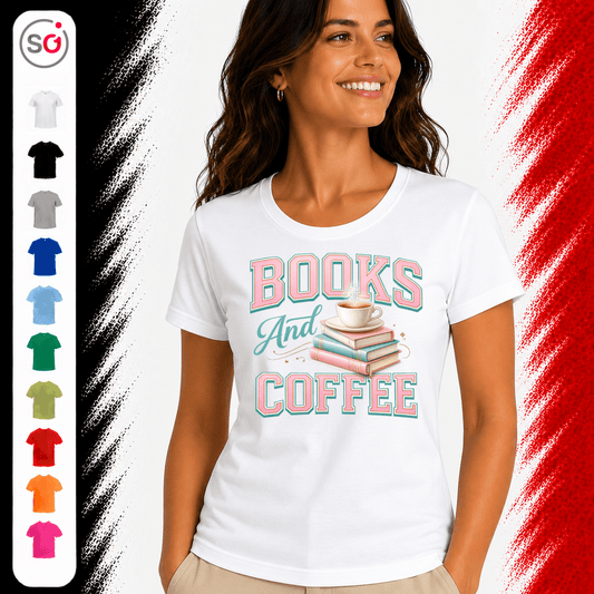T-Shirt mit 'Books and Coffee' Motiv | Design mit Bücherstapel und Kaffeetasse in Pastell - StyleOne