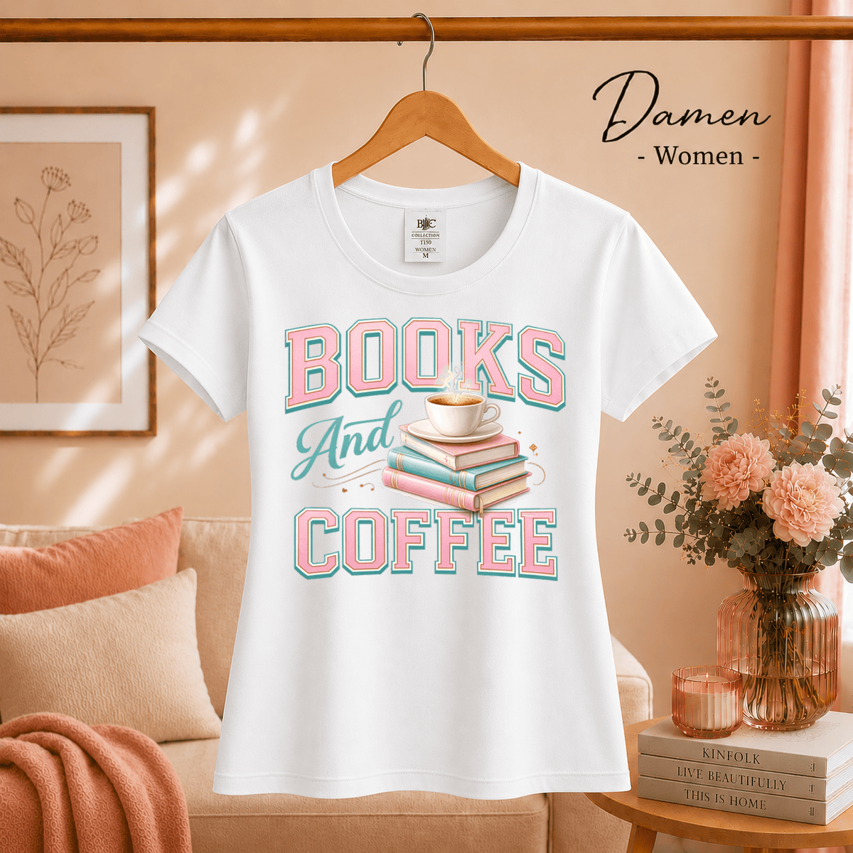 T-Shirt mit 'Books and Coffee' Motiv | Design mit Bücherstapel und Kaffeetasse in Pastell - StyleOne