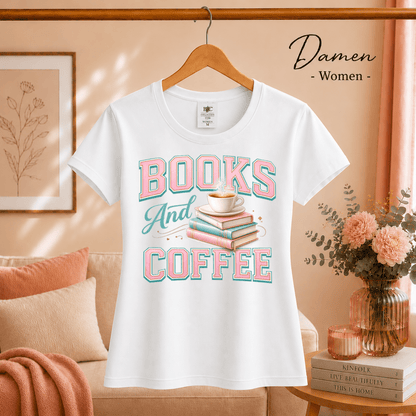T-Shirt mit 'Books and Coffee' Motiv | Design mit Bücherstapel und Kaffeetasse in Pastell - StyleOne